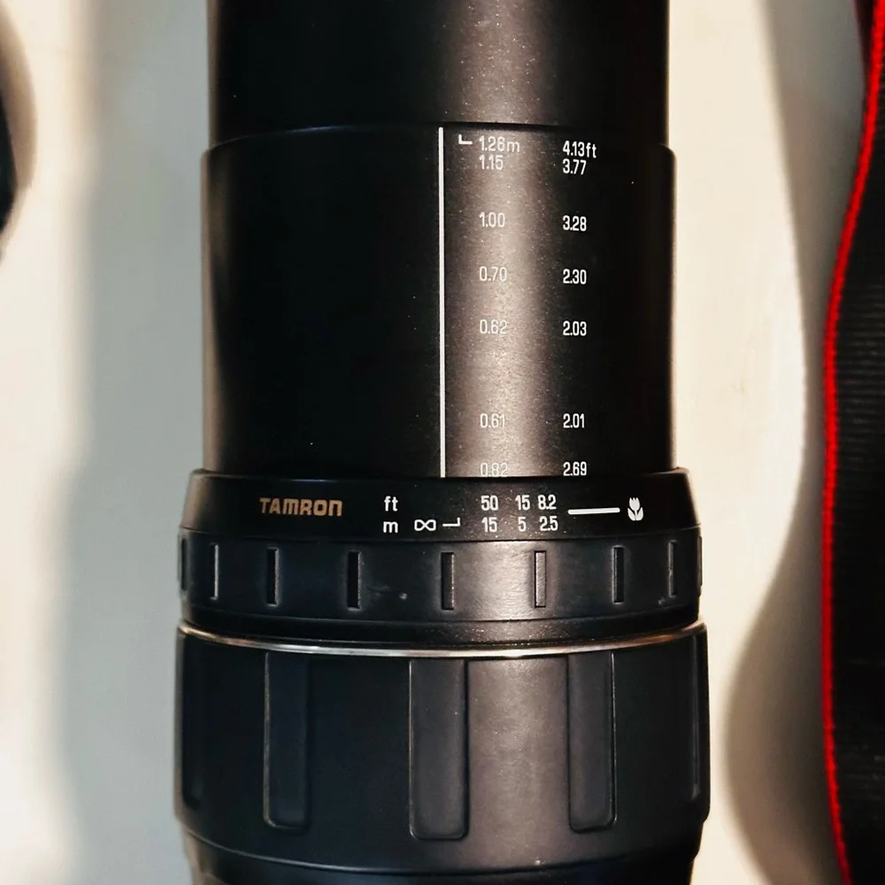 Canon DSLR with Black Tamron Zoom Lens and Red-Trim Strap